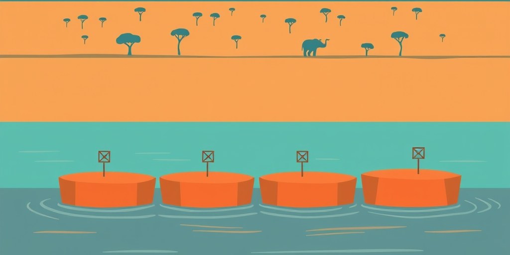 Four stepping stones crossing a river toward a savanna horizon