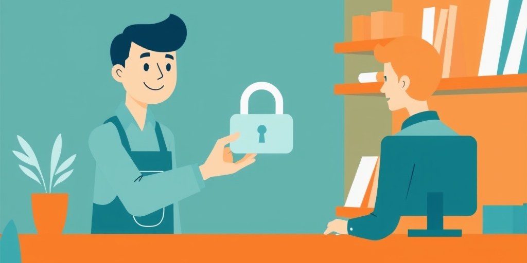 Shopkeeper handing a card to a customer with a padlock shape between them