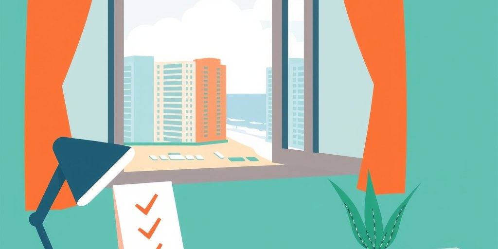 Tidy desk with abstract tick shapes and a window onto coastal buildings