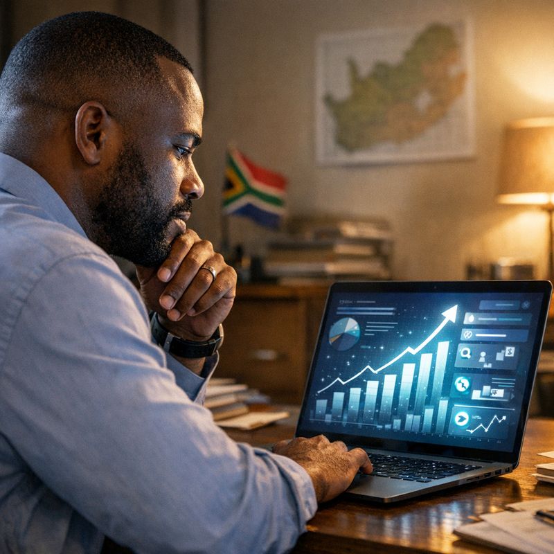South African business owner reviewing AI search analytics showing increased rankings and organic traffic growth