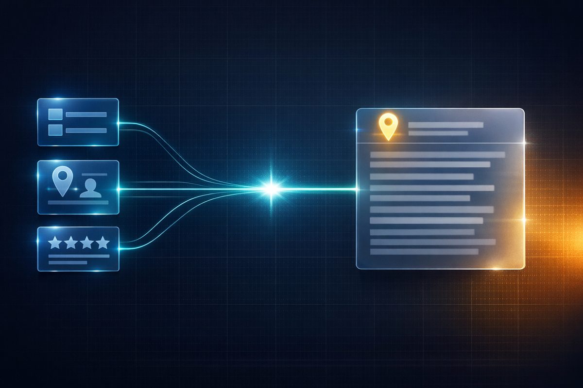 Diagram showing a directory listing, a location profile and a review card all feeding into a single AI-generated answer that highlights one business