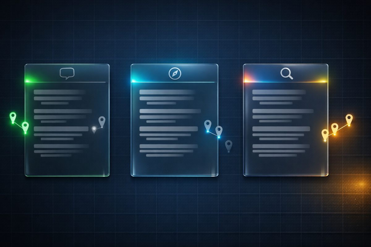 Three AI engines each generating an answer, some businesses appear as bright connected location pins while others sit dim and disconnected