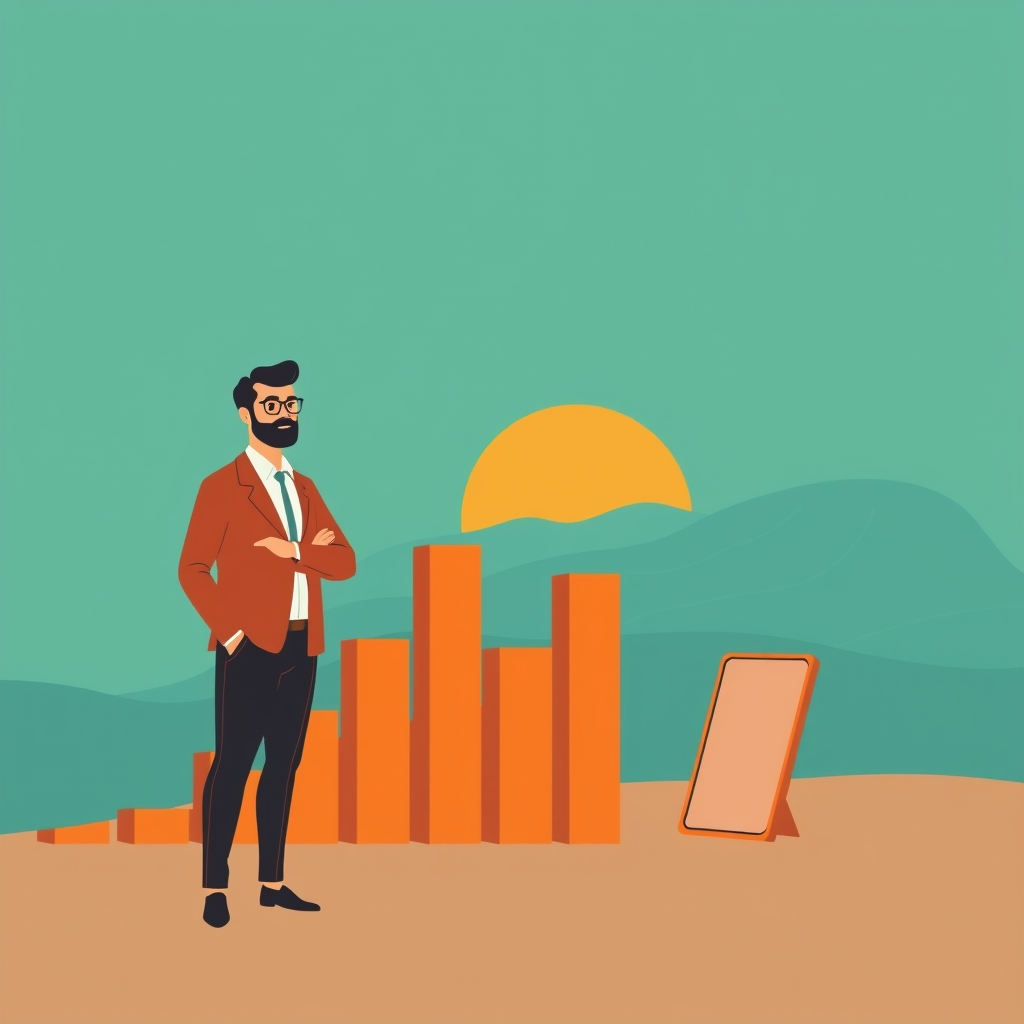 Business owner beside rising abstract bars and a funnel leading to an open door