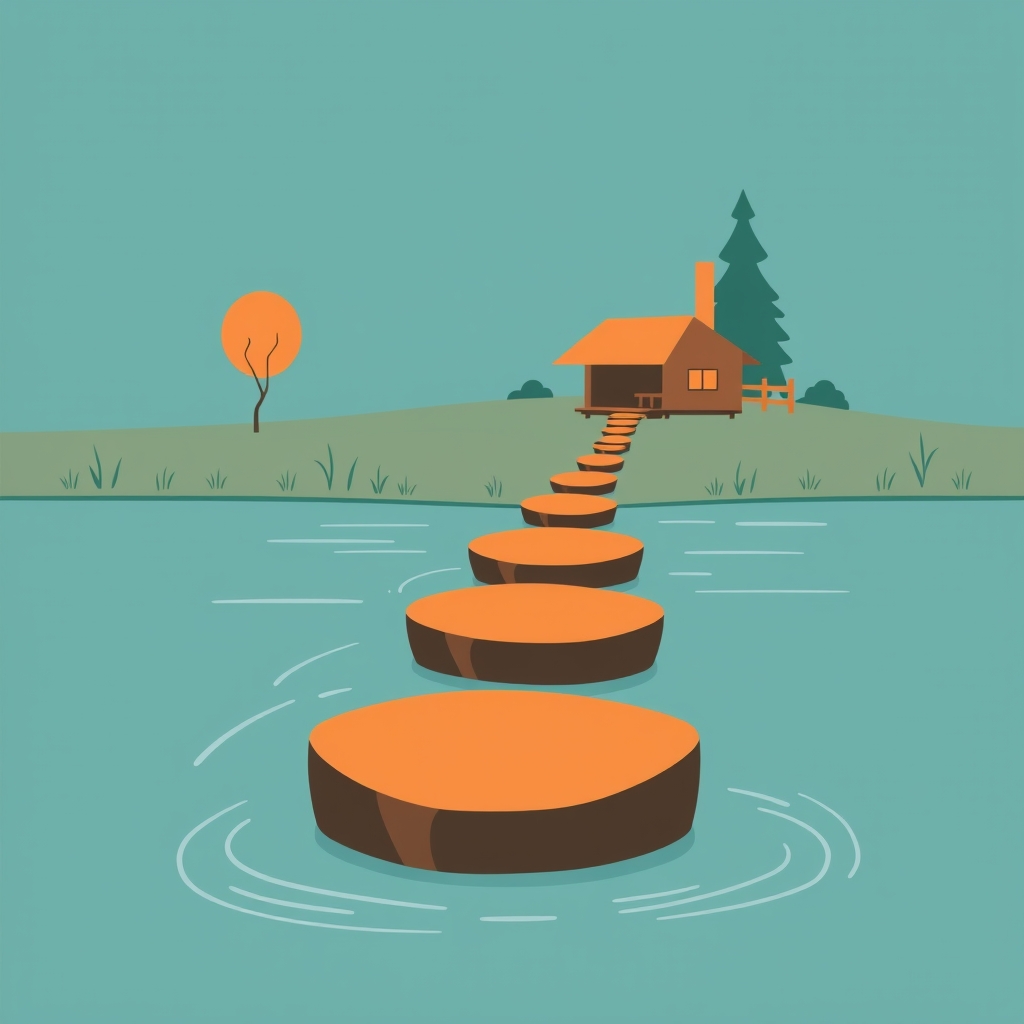 Three stepping stones crossing a stream toward a workshop