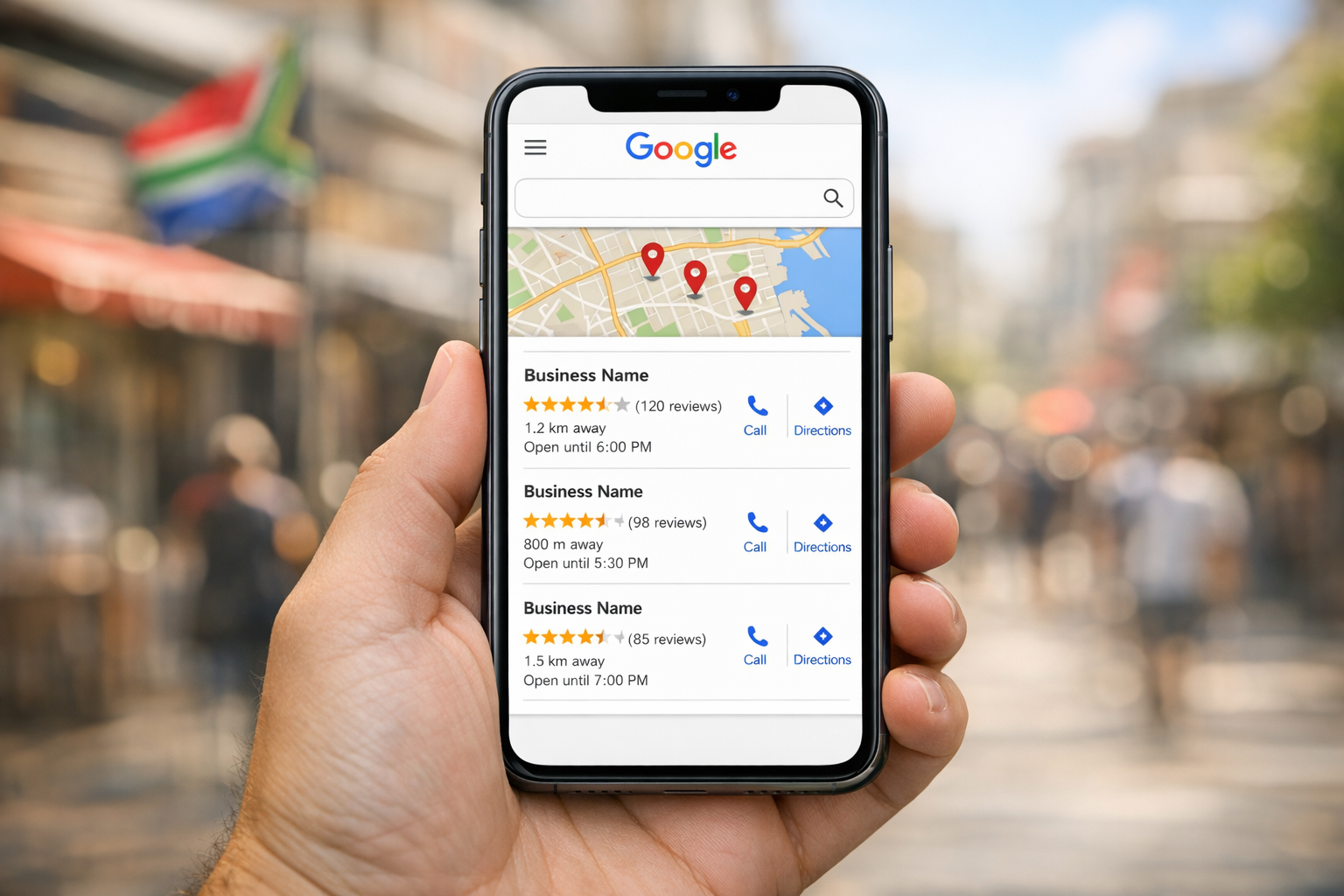 Google local search results displayed on a mobile phone in South Africa