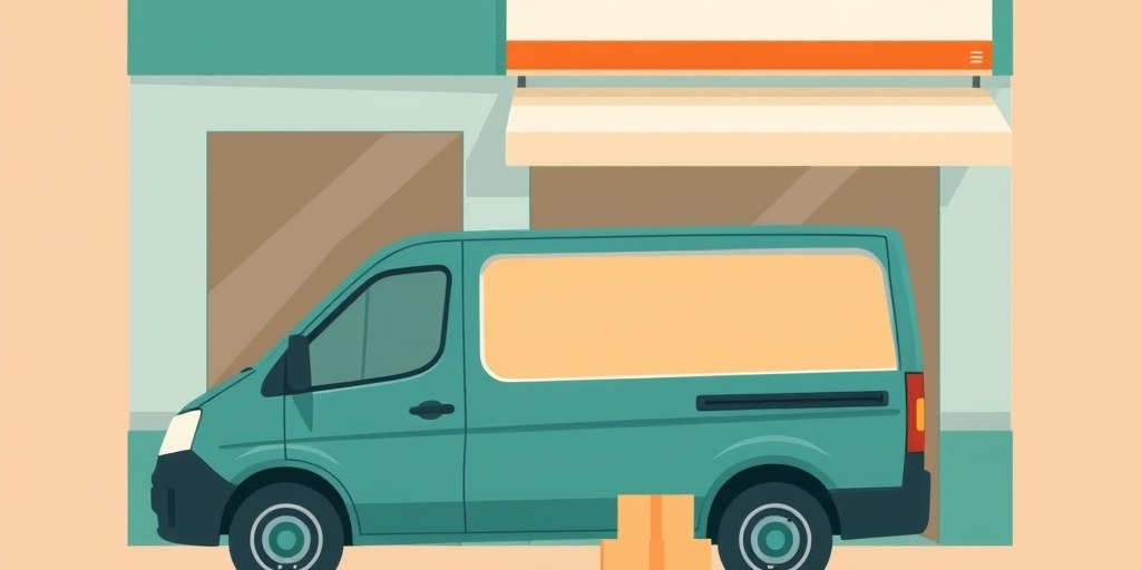 Teal and orange flat illustration of a delivery van and parcels outside a small shop, representing e-commerce website costs