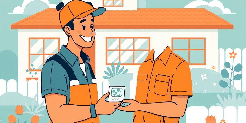 Tradesperson giving a customer a card with a scannable code after finishing a job