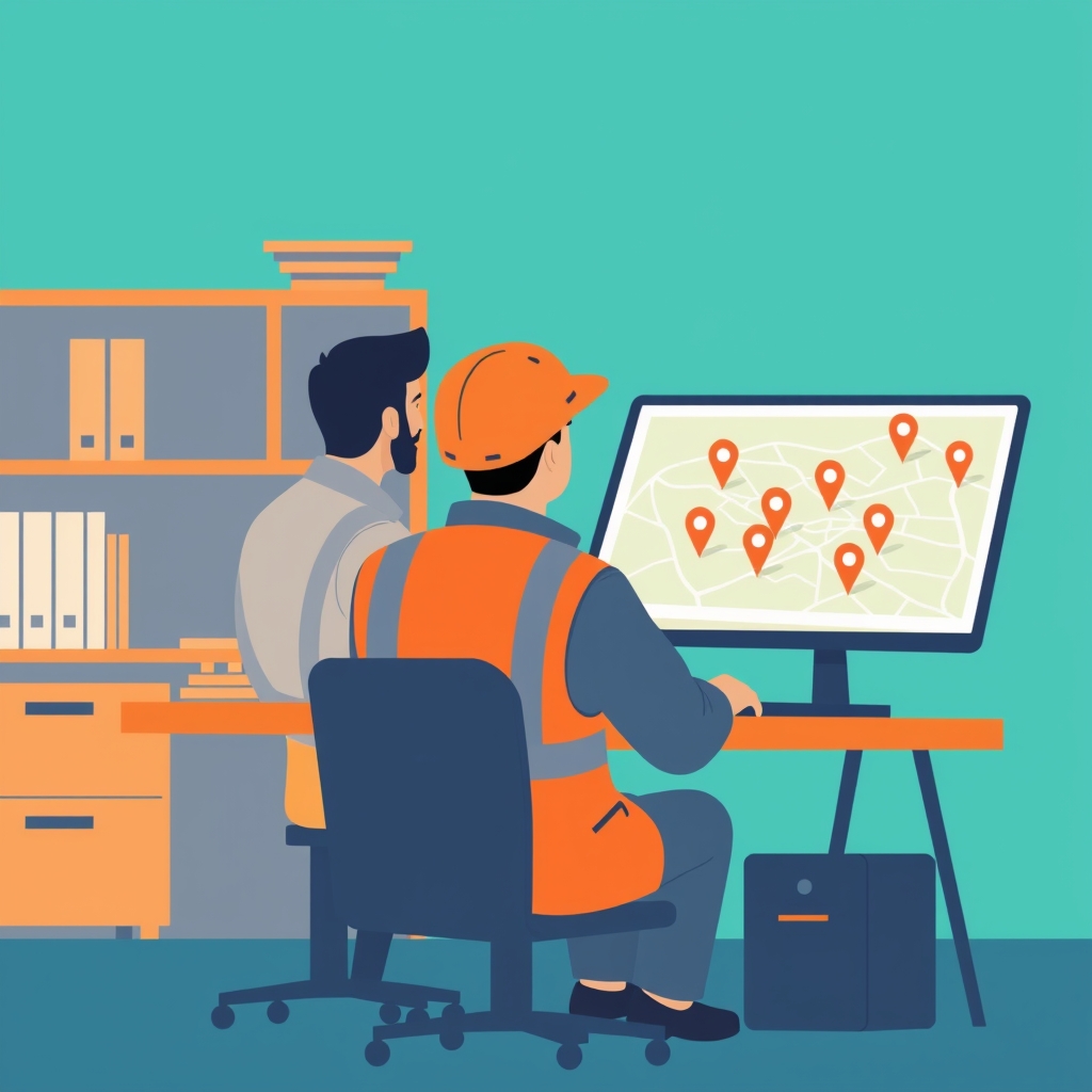Two people planning a supplier search with a map of an industrial area