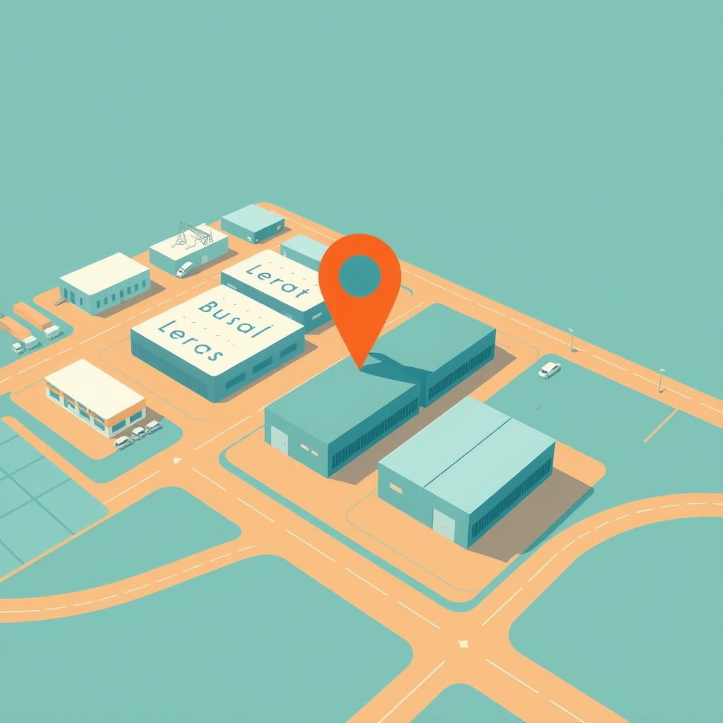 Aerial illustration of factory units and roads with a map pin marking a supplier location