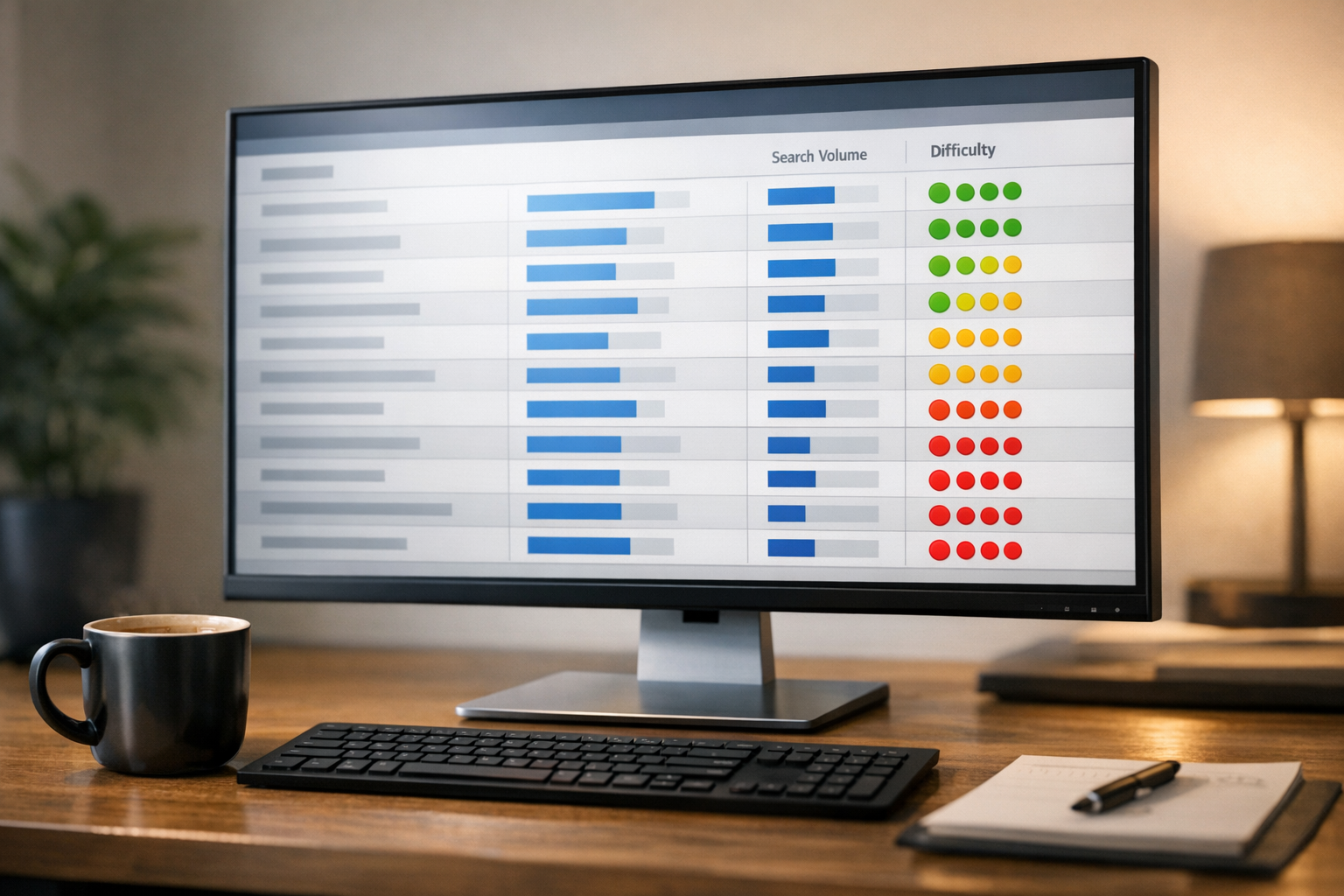 Keyword research showing search volume and difficulty metrics