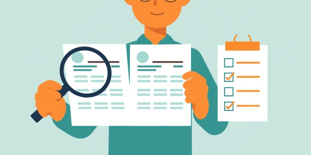 Business owner comparing three quotes with a magnifying glass and checklist