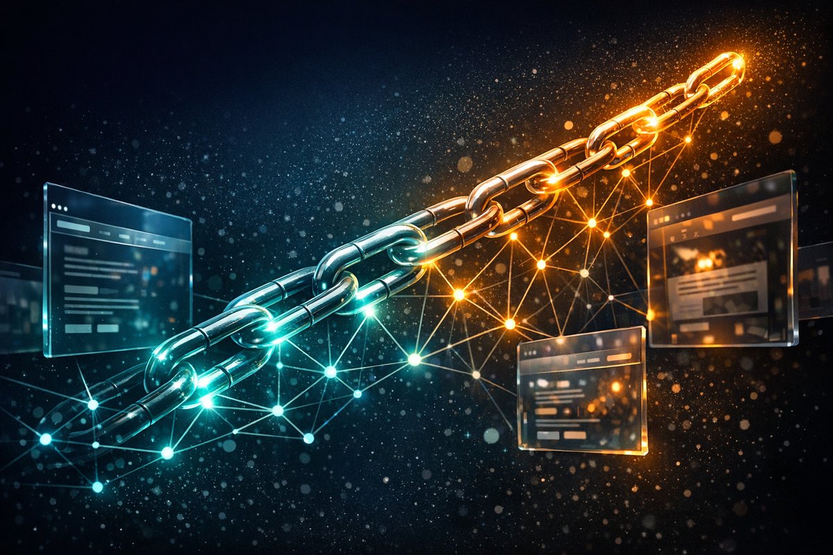Link building authority network of connected glowing nodes