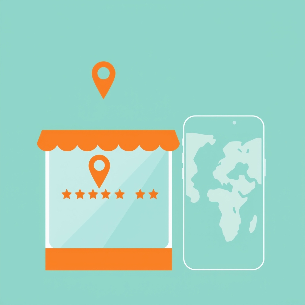 Illustration of a small shopfront beside a phone showing a map pin and star ratings