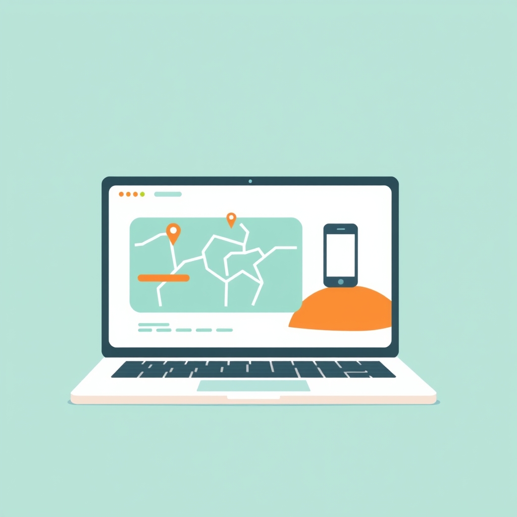 Illustration of a laptop displaying a local business web page with a map and landmark