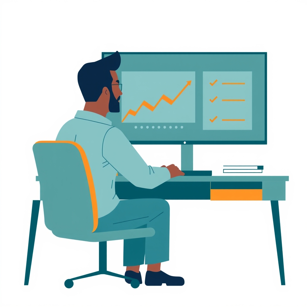 Illustration of a business owner reviewing a chart and checklist on a monitor