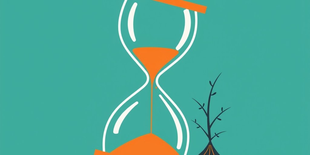Illustration of an hourglass beside a growing plant symbolising the time SEO needs to show results