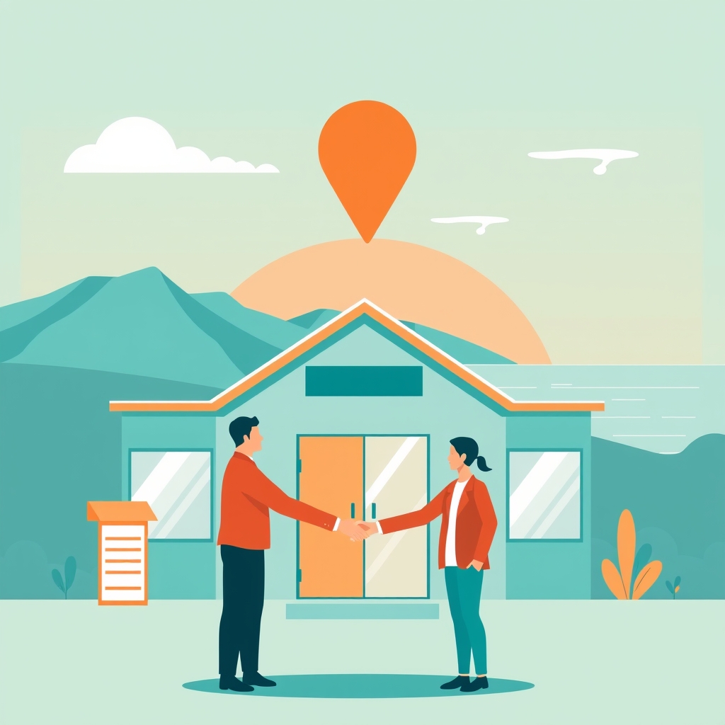 Two people shaking hands in front of a small office, with a map pin and coastal hills behind them