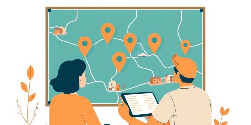 Illustration of two buyers looking at a map of suburbs marked with pins