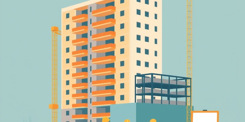 Illustration of a partly built apartment block with a crane and people reviewing plans
