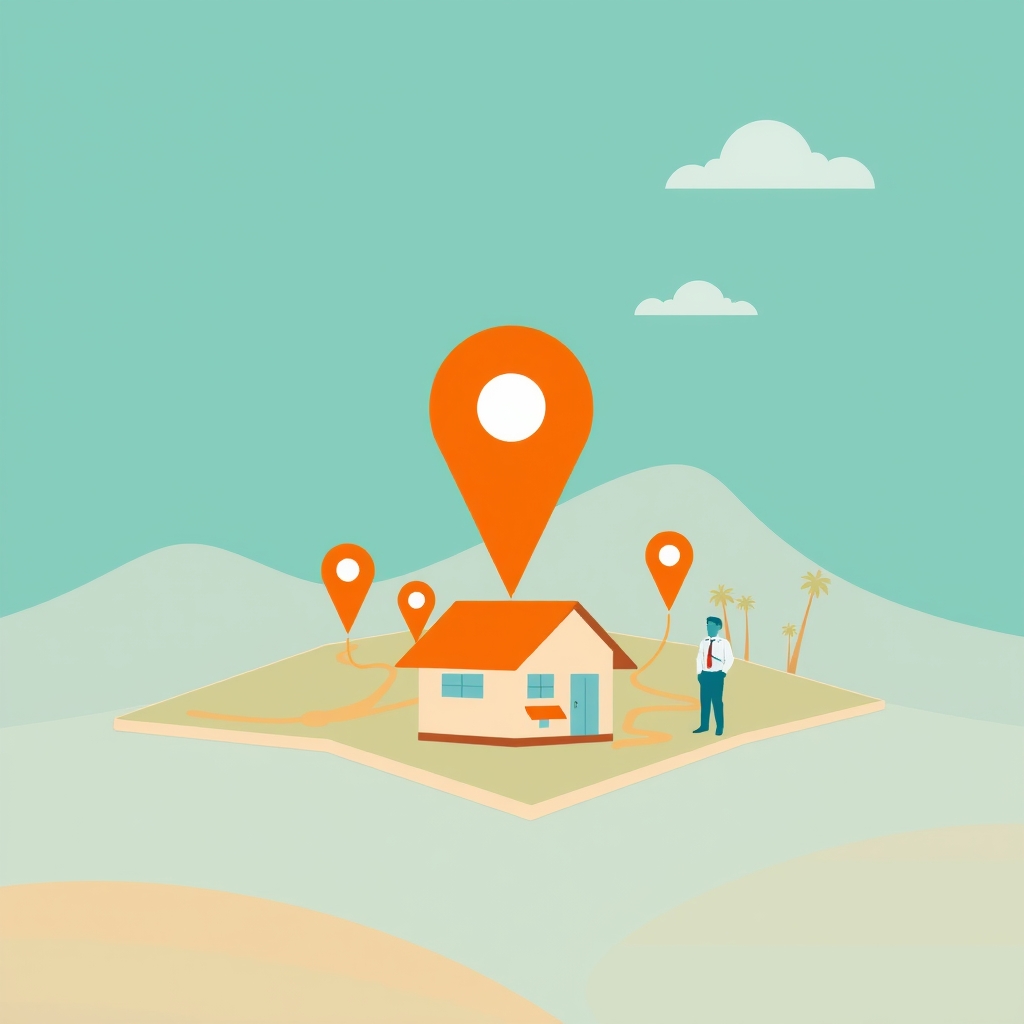 Illustration of a map pin above a house representing a local estate agent's Google listing