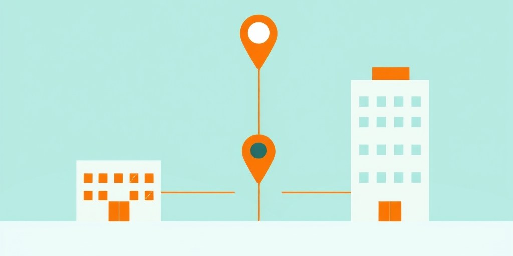 Connected office buildings around a central map pin