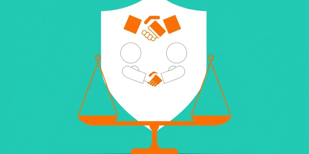 Balanced scales and two people shaking hands beside a shield