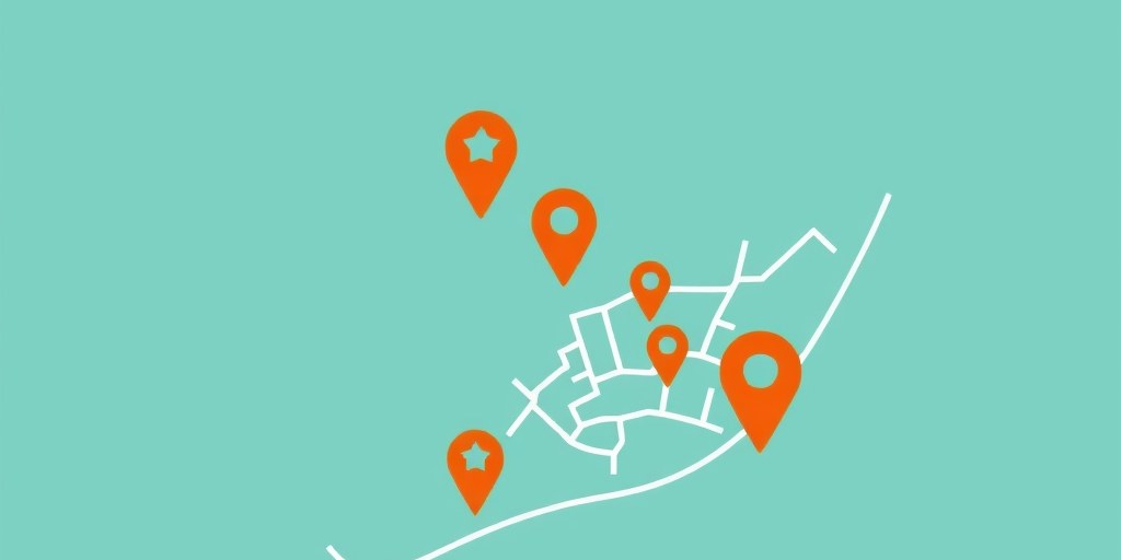 Stylised coastal city map with location pins