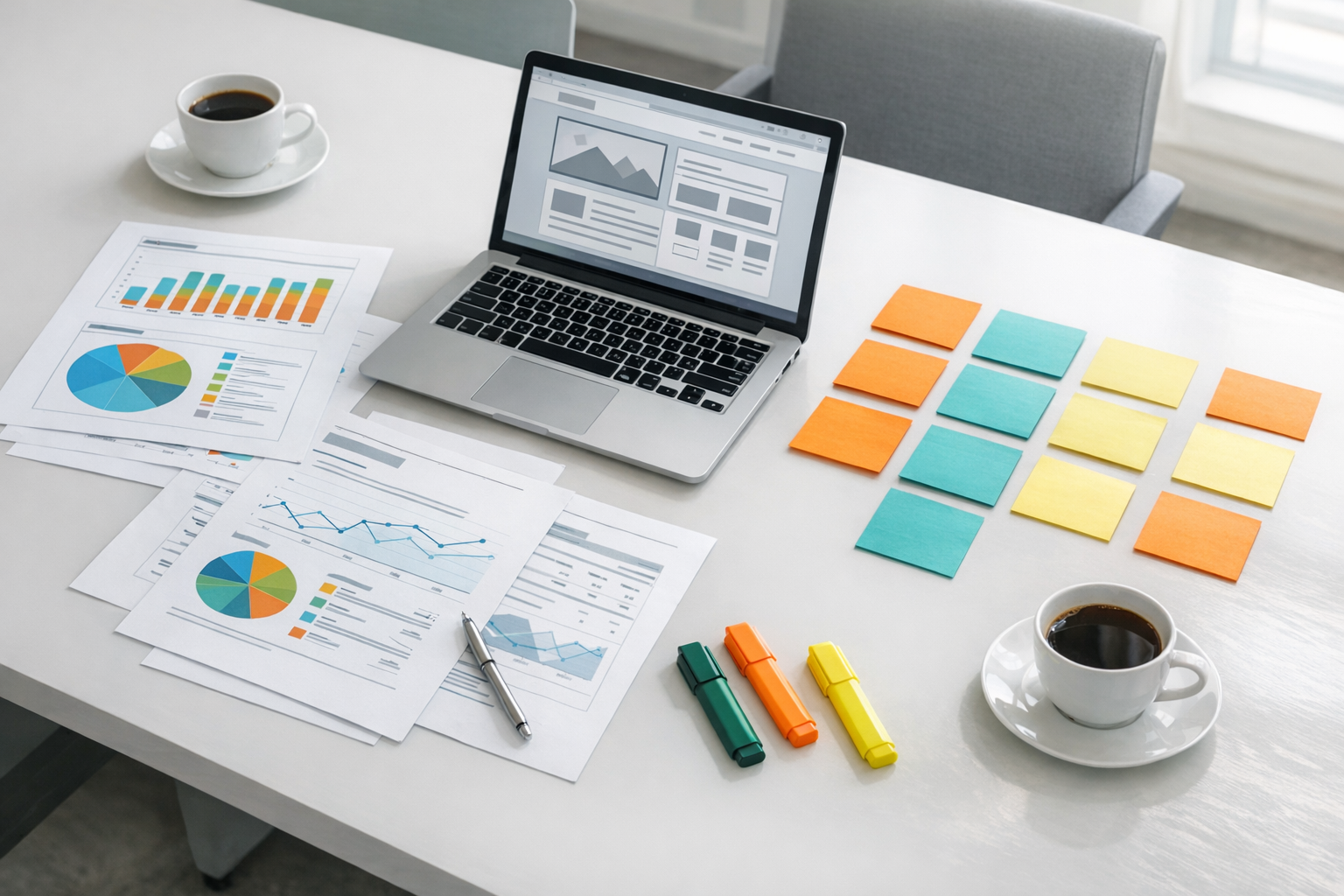 SEO strategy planning session with audit reports and task board