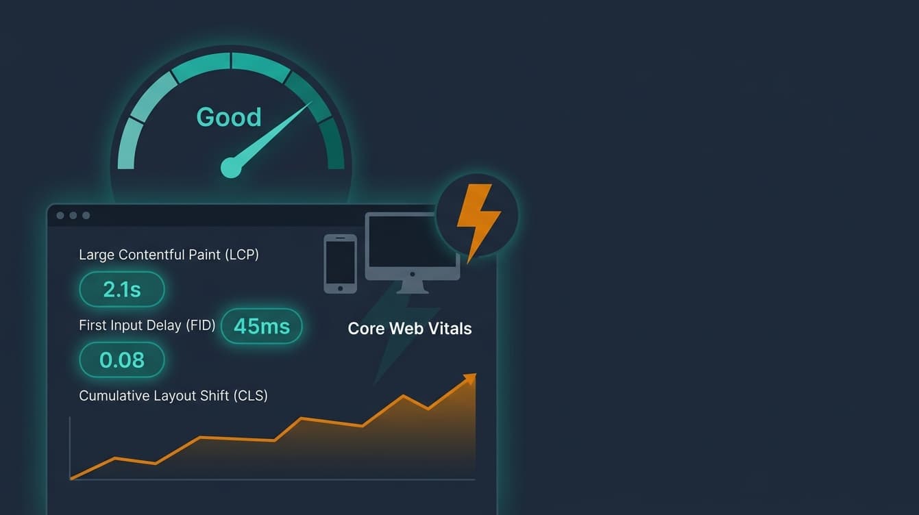 Technical SEO optimization showing Core Web Vitals dashboard