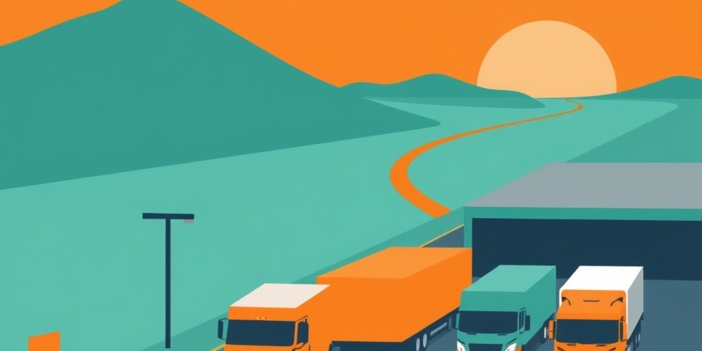 Illustration of a logistics depot with trucks and abstract route lines