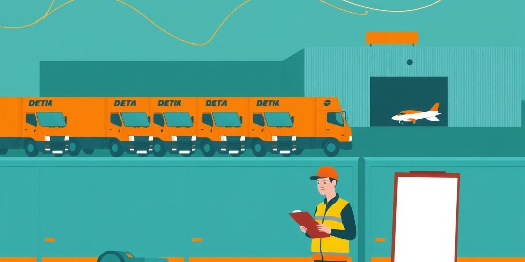 Illustration of a person reviewing a fleet of delivery trucks at a depot warehouse