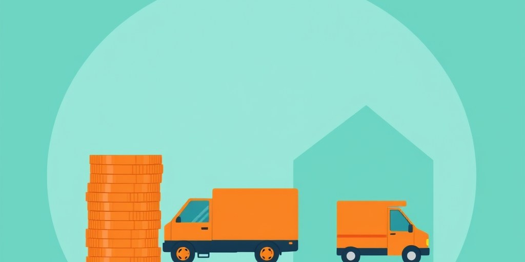 Illustration of abstract coin shapes next to a small delivery truck representing website budget