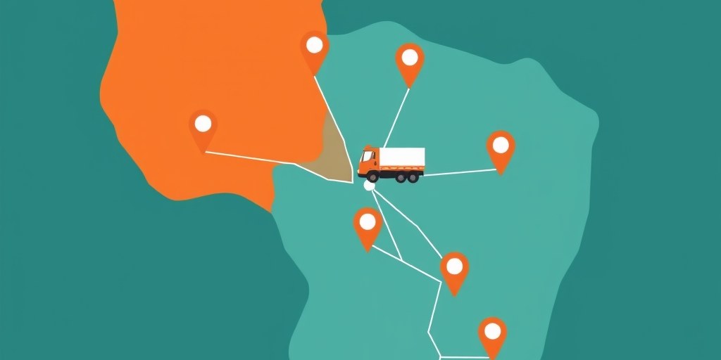 Illustration of an abstract route map with pins connecting cities across South Africa
