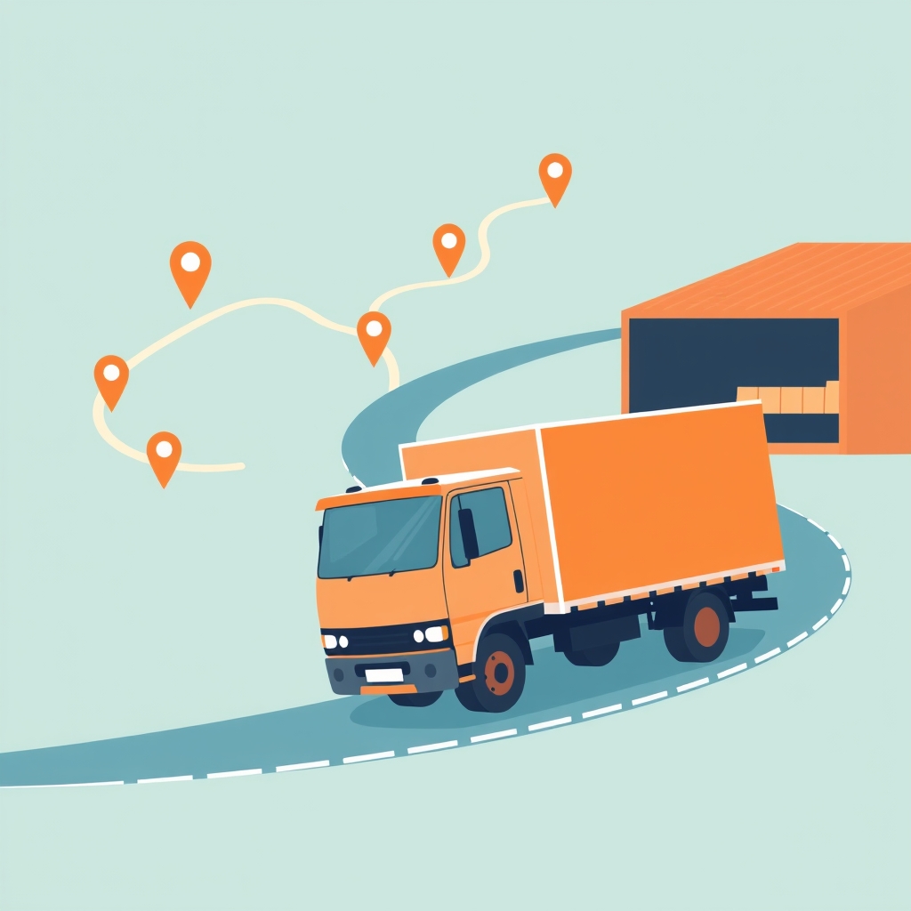 Illustration of a courier van beside a map with pins marking delivery routes