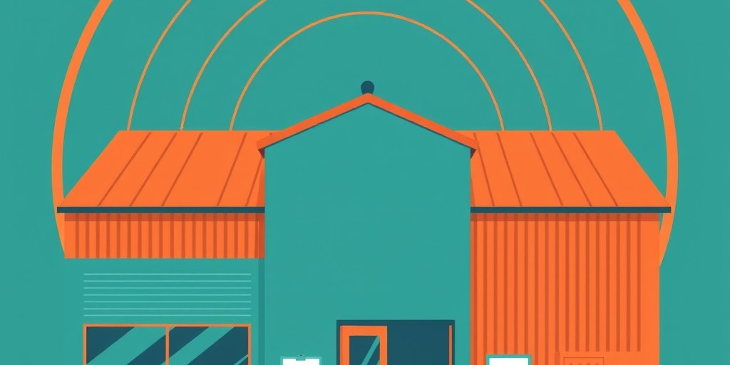 Illustration of a warehouse building with signal waves representing website uptime