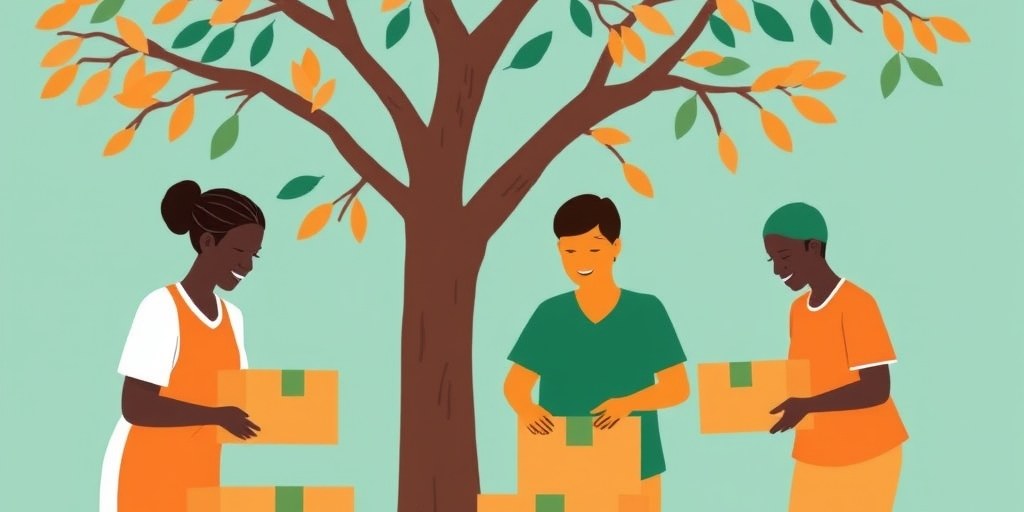 Illustration of volunteers packing donation boxes, representing NGO website donation and volunteer features
