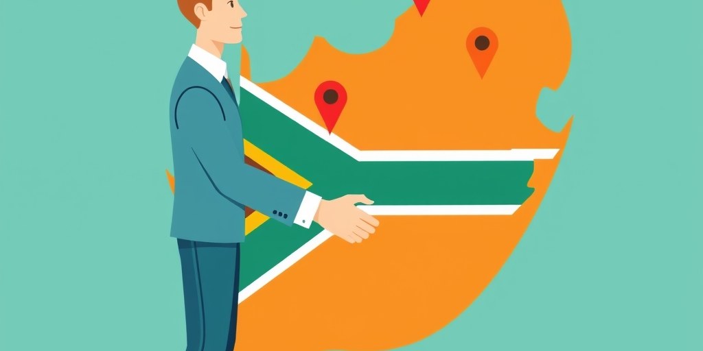 Illustration of a handshake between an NGO representative and a web designer, with an abstract map of South Africa in the background