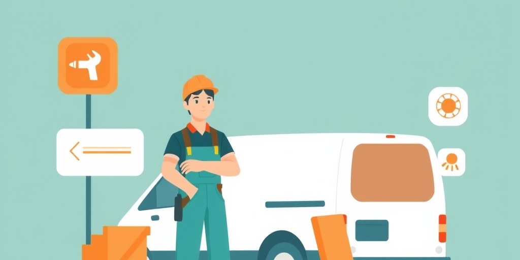 Illustration of a tradesperson standing beside a service van
