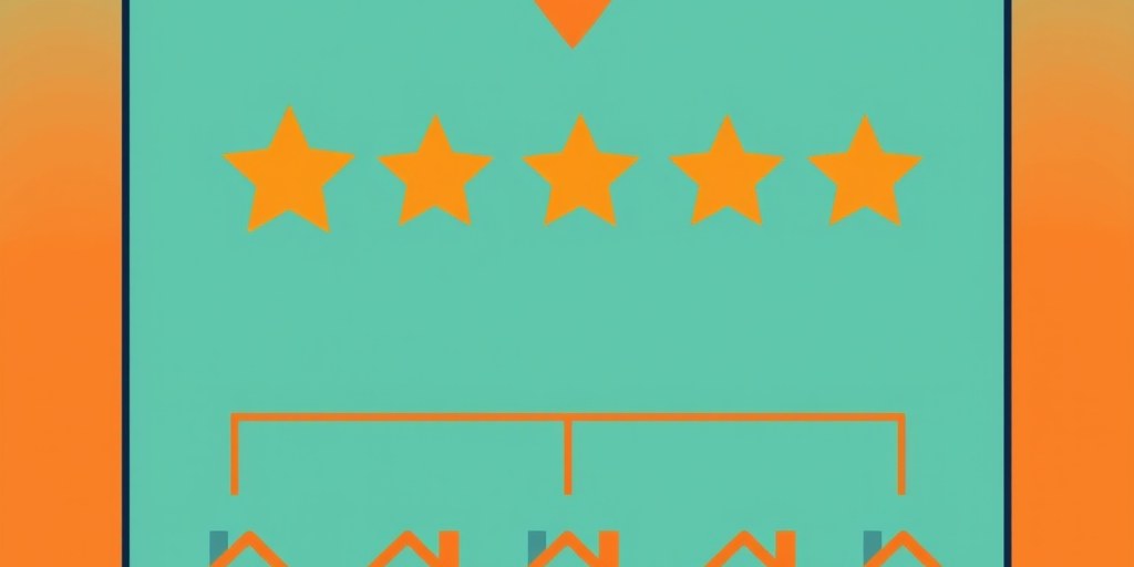Illustration of a location pin and rating shapes above a row of houses