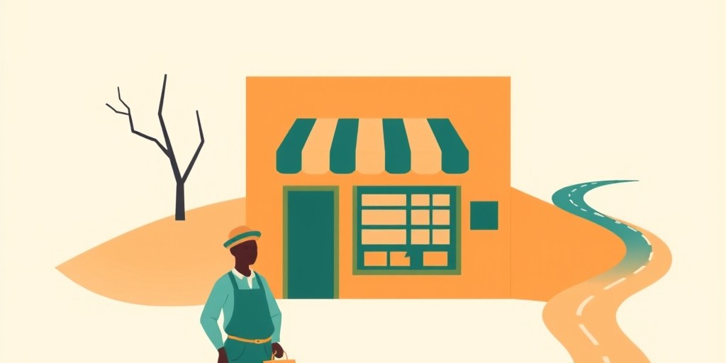 Illustration of a South African shop owner standing at a fork in the road, symbolising the choice between a DIY website and a professional build