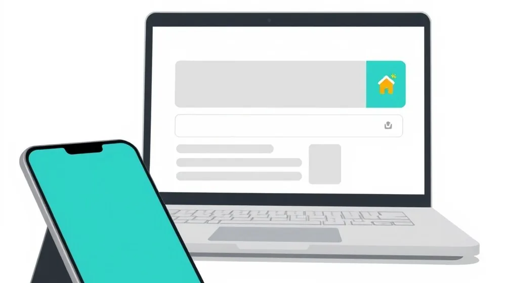 Illustration of a laptop showing an abstract search page with a highlighted answer panel beside a smartphone, representing AI search results for an estate agent